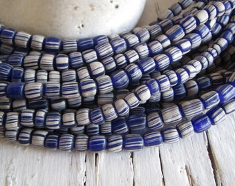 blue white glass seed beads, striped small matte ethnic spacer barrel tube, New Indo-pacific  4mm to 6mm dia (22 inches strd ) 23ab27-7