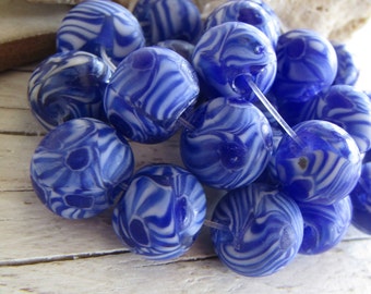 blue white Round glass beads,  ethnic patterned millefiori, Java Indonesian 12 to 14mm diameter ( 6 beads) 22ab6-2-4