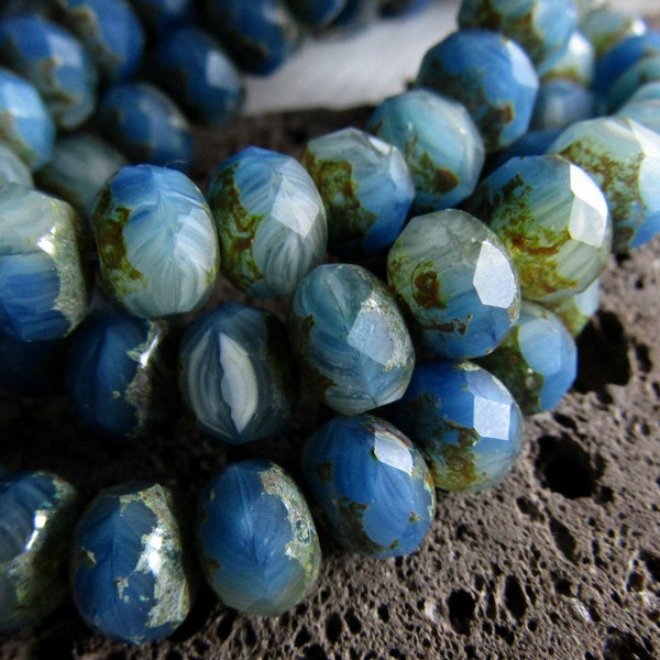 Picasso czech beads,faceted rondelle czech glass beads , matte picasso mix tone blue  green  6mm x 9mm (10 beads)  7ACB4