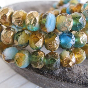 rondelle czech glass beads, sea glass style, blue yellow  and  gold  , matte textured mix  6mm x  7mm to 8mm diameter (12 beads)  20ac19