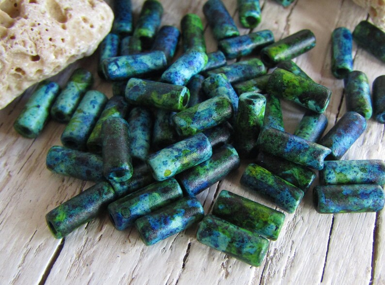 ceramic tube beads, blue green speckled tone, small spacer 3.5mm dia x 9 to 10mm, 1mm hole 50 beads 21Ay-S2m-1204 image 2