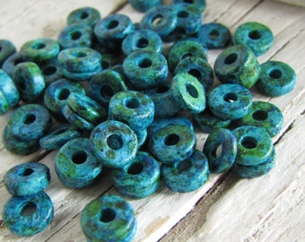 Ceramic rondelle beads, blue green marbled, small spacer 6mm x 1-2mm, with 1.5mm hole (10 grams, approx 150 beads) 21aymr2-1204