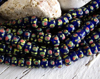 blue  rondelle  lampwork glass beads,  dots motif opaque , ethnic java Indonesian  8mm - 9mm dia  (20 beads) 23ab9-2