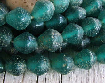 Rustic green lampwork glass beads ,  Bicone  textured ,  gritty aged look java  indonesian , 14mm to 16mm long  (6 beads ) 21ab22-1