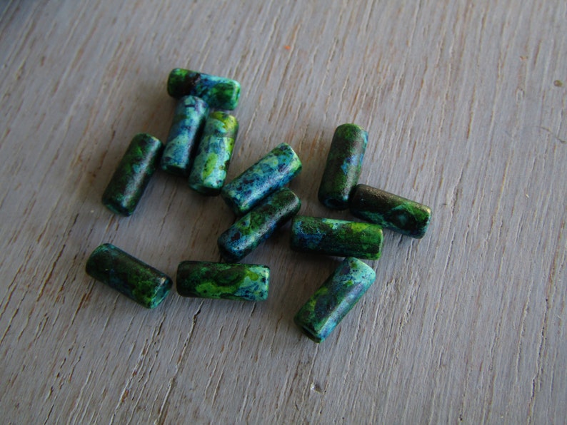 ceramic tube beads, blue green speckled tone, small spacer 3.5mm dia x 9 to 10mm, 1mm hole 50 beads 21Ay-S2m-1204 image 3