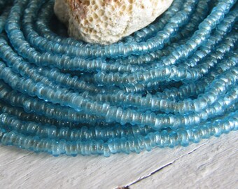 mini blue turquoise rondelle lampwork glass beads delicate, Indonesian  tiny discs 1 to 1.5 x 2.5 mm ( 22 inch ) 23ab1-5