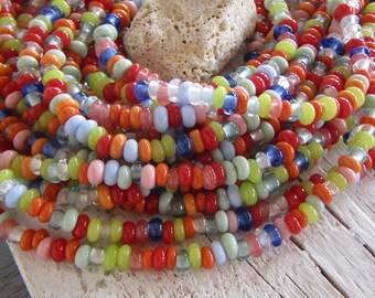 Rondelle lampwork glass beads, small spacer discs, multicolored mix, indonesian  5.5mm to 7mm dia (22 inch strand ) 22ab29-2