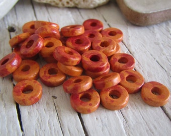 50 orange rondelle Ceramic beads, Speckled red orange tone, Matte opaque, small Spacer discs washer 8mm x 1.5mm (50 bead)  23ay-R3-1217