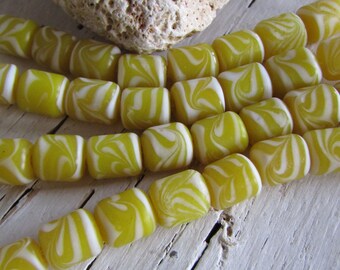 destash Yellow Lampwork  glass beads, tube , white marbled  pattern , Java Indonesian 9mm to 10mm dia (25 beads ) 22ab4-3b