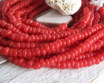 red rondelle lampwork Glass beads, small opaque glossy, disc washer Spacer Indonesian 6mm to 7mm dia (18 inches) 22ab1-6