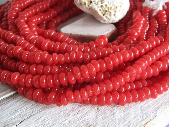 赤いロンデルランプワークガラスビーズ、小さな不透明光沢、ディスク