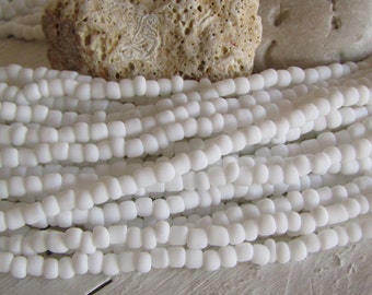 white seed glass beads, freeform organic shape, opaque  rondelle barrel tube spacer Indonesian, 3mm to 5mm  dia (44 inches ) 23ab4-1