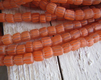 orange clear glass seed beads, striped small matte ethnic spacer barrel tube, New Indo-pacific  4mm to 6mm dia (22 inches strd ) 23ab27-9