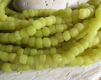 Yellow glass seed bead, matte barrel tube, small rustic ethnic spacer , indonesian 4mm  to 6mm dia , new indo-pacific (22 inches)7ab29-3