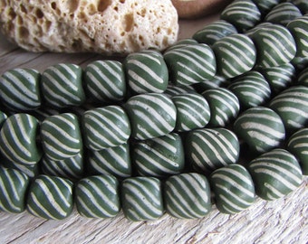 Green white glass  beads,  striped opaque,  ethnic spacer barrel tube,  Larger New Indo-pacific , 6mm to 9mm (35 loose beads) 21ab10-2