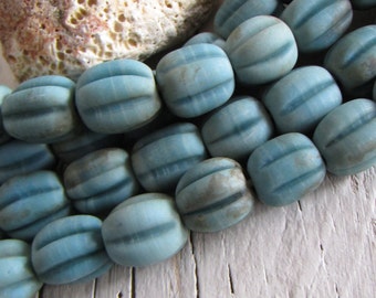 turquoise blue lampwork melon glass beads, aged rustic irregular, Indonesian 12-15mm dia x 14-16mm (6 beads) 23ab8-3