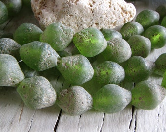 Green  lampwork glass beads, rustic Bicone matte textured aged , Java  indonesian , 16mm to 17mm long  (6 beads ) 23ab34-2