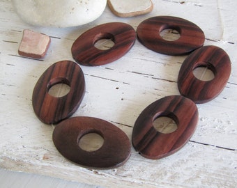 brown wood beads, flat oval donut, semi - Matte  finish,  45mm to 46mm long x  29mm to 30mm widest point ( 6 beads ) 9ab2-1