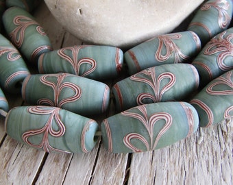 Green lampwork tube glass beads,  patterned , opaque , ethnic Java  Indonesian 12mm to 13mm dia  x 24mm to 26mm long (4 beads) 21AB8-4