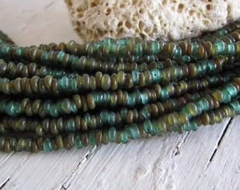 Mini tiny Green mix rondelle lampwork glass beads, delicate, Indonesian ethnic 2.5 to 3.5mm dia ( 22 inches strand ) 23ab1-19