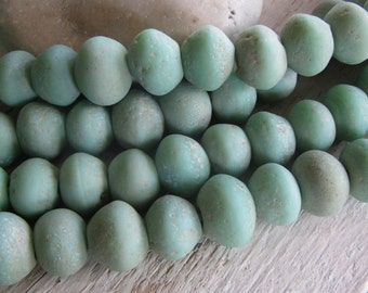 Rustic green Bicone saucer  textured,  gritty aged look java  indonesian, 13.5mm to 15.5mm diameter (10 beads ) 22ab9-2