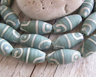 green lampwork tube glass beads, opaque matte pattern,  ethnic style Indonesia  12mm to 13mm dia x 25mm to 28mm long (4 beads) 22ab7-2-5