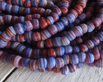 mini striped round glass lampwork bead, blue purple red  small spacer, irregular roundish ethnic Indonesian - 3.5 to 5.5mm(20 inch_) 8ab21-4