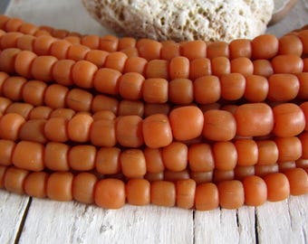Orange glass seed bead, rustic barrel tube spacer, Java indonesia 4.5 to 6.4mm dia, New indo-pacific (22 inch) 24bb2-17