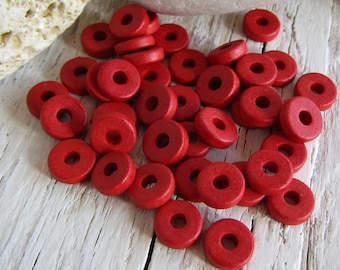 50 Red rondelle Ceramic beads, opaque, small Spacer discs washers,   8mm diameter (50 bead) 21Ay-R3-1032