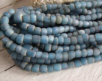 blue glass seed bead,  barrel tube spacer, Java indonesian 4mm to 6.5mm dia, New indo-pacific (22 inches) 23ab2-24