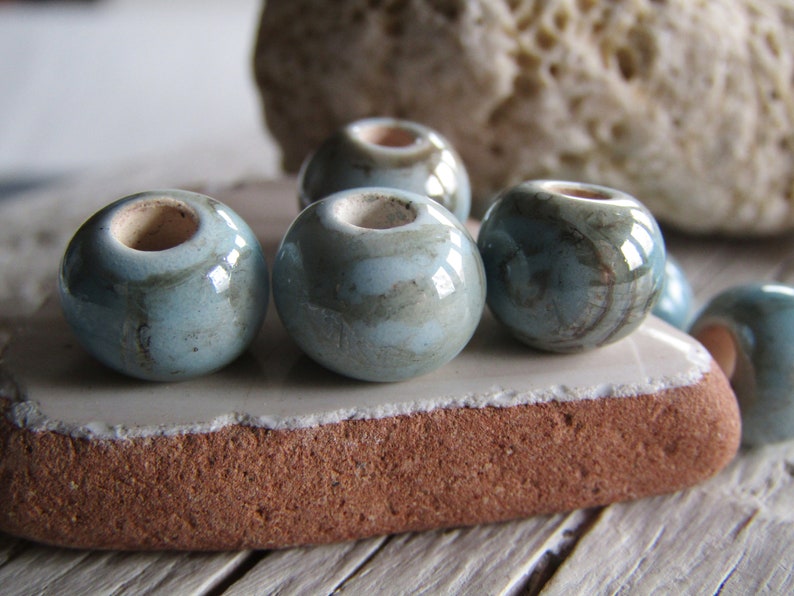 Ceramic beads , blue brown , enamel marble glossy, greek beads 9 to 10mm dia , 3mm hole 8 beads 22ay-bgs-187 image 2