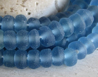 Blue recycled rondelle glass beads, raw matte irregular uneven, Java  Indonesia  4- 5mm  x  9- 10mm dia ( 20 beads) 20ab8-14