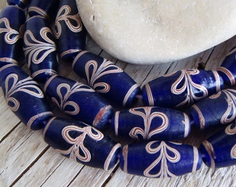 Blue lampwork tube glass beads,  patterned , opaque , ethnic Java  Indonesian 12mm to 13mm dia  x 24mm to 26mm long (4 beads) 21AB8-3