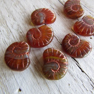 snails czech glass beads,  flat spiral, mixed colors orange , copper wash , 17mm x 13mm  (6 beads)  8ACB-39