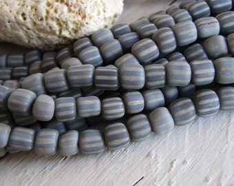 grey glass seed beads, White stripe small matte ethnic spacer barrel tube, New Indo-pacific  4mm to 6mm dia (22 inches strd ) 23ab27-2