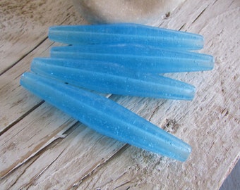 blue lampwork glass beads, transparent , long faceted tube , Indonesian  68 to 73mm x 12mm to 14mm (4 beads ) 22ab8-1