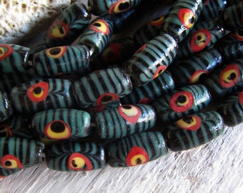 tube lampwork glass beads, green black patterned , Java Indonesia 15mm to 17.5mm long   (8 beads) 22ab5-2
