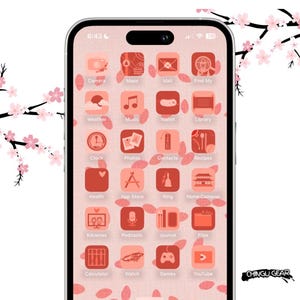 May include: A pink and red iPhone with a custom app icon design. The icons are in a grid pattern and feature various app names like Camera, Maps, Mail, Find My, Weather, Music, Wallet, Library, Clock, Photos, Contacts, Recipes, Health, App Store, Ring, Home Cameras, Kdramas, Podcasts, Journal, Files, Calculator, Watch, Games, and YouTube. The background is a light pink with a subtle pattern. The text "CHINGU GEAR" is visible in the bottom right corner.
