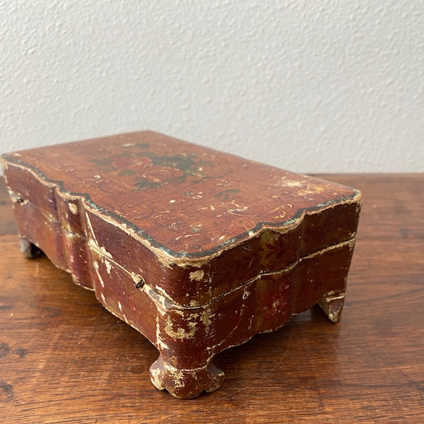 Antique Florentine Box in Rusty Red with Hand Painted Rose Motif Footed Worn and Wonderful