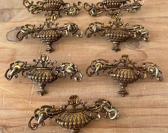 Victorian Antique Rococo Inspired  7 Drawer Pulls -Urn Style Scroll Arms in Brass