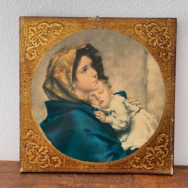 Vintage Florentine  Wall Plaque Portrait of Woman and Child Made in Italy