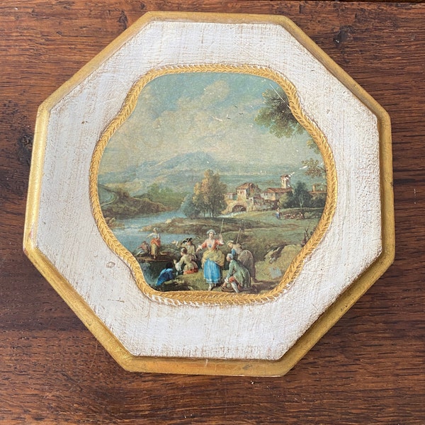 On Sale Vintage Italian Florentine Wall Plaque Bucolic Scene of Town by Lake Gold and Cream 15% off