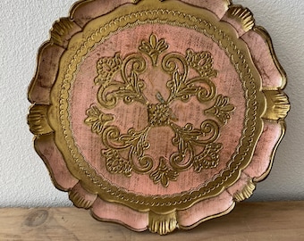 Vintage Florentine Round Tray in Pink and Gold
