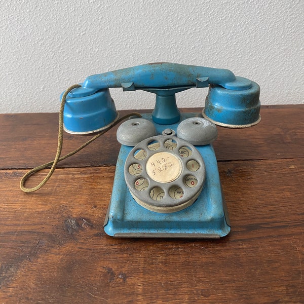 1950's Toy Telephone Blue Tin Rotary Dial Unique Conversation Piece