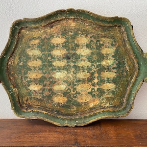 Antique Italian Florentine Tray in Green and Gold with Handles Worn and Wonderful