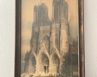 Antique Framed Sepia Toned Print of a  European Cathedral