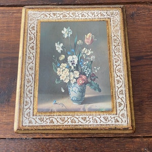 Vintage Italian Florentine Plaque with Still Life of Florals