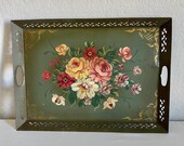 Antique Hand Painted Tole Tray Olive Green and Bright Colorful Florals Gold Trim