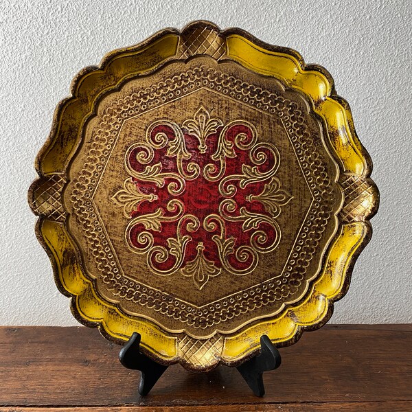 Vintage Round Italian Florentine Tray with Red and Yellow Scalloped Edges