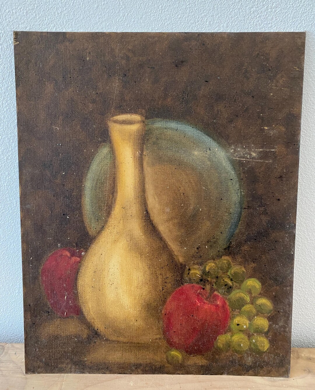 Vintage Moody Still Life Painting Gold Vase With Fruit Worn and ...